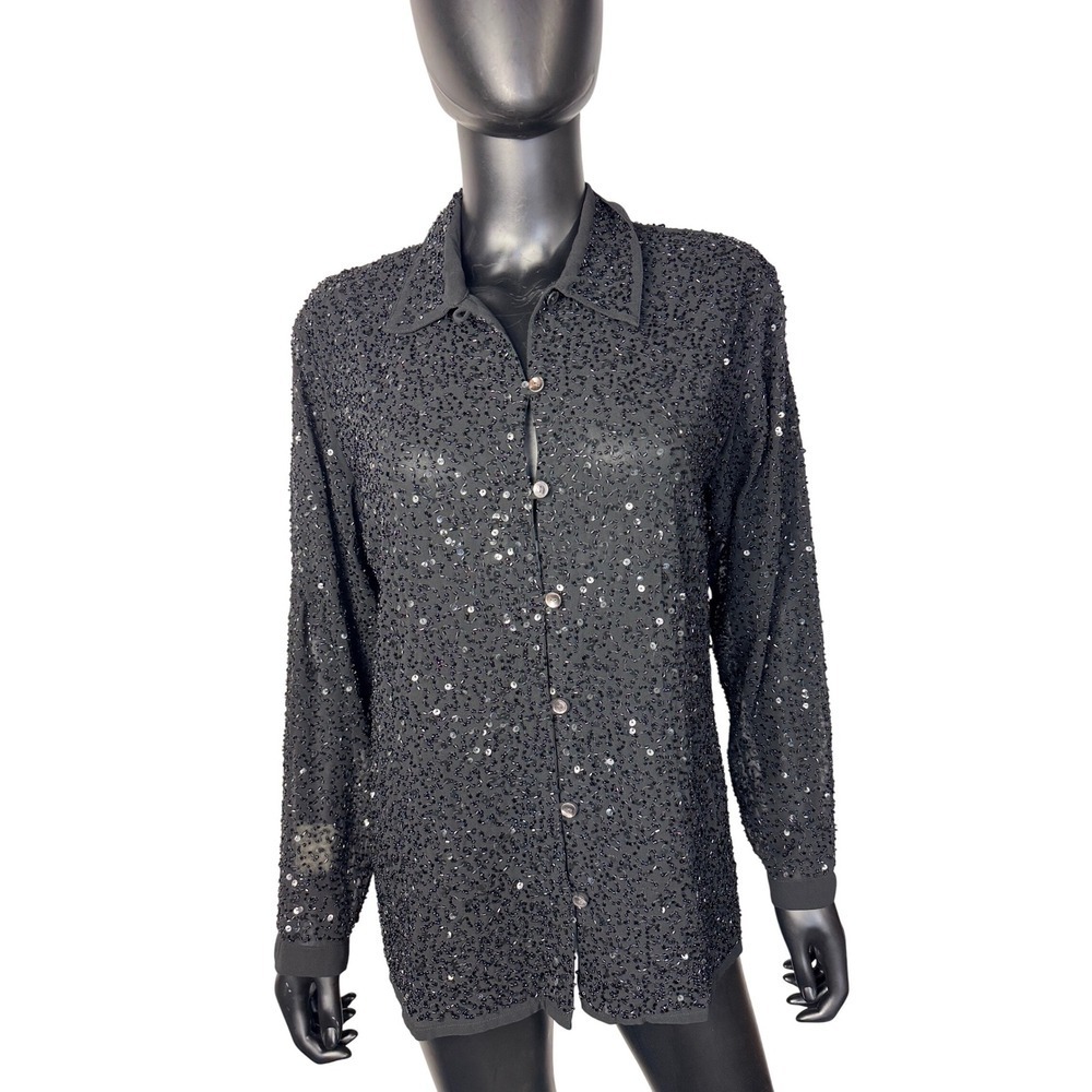 Chico's Design Beaded Sequin‎ Embellished Party Top Black Button Down Blouse 1